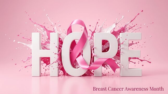 Hope for a cure breast cancer awareness month campaign with pink ribbon and splash effect