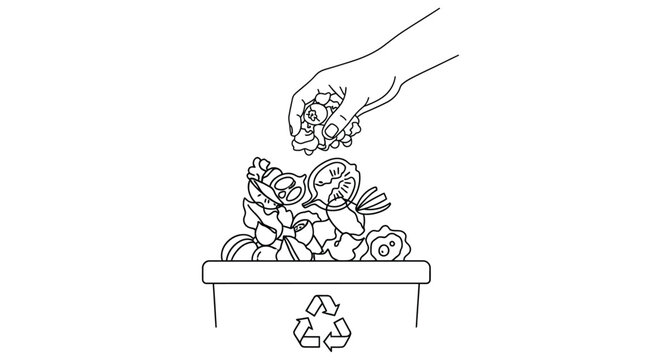 Hand sorting food scraps into a compost bin with various vegetables depicted