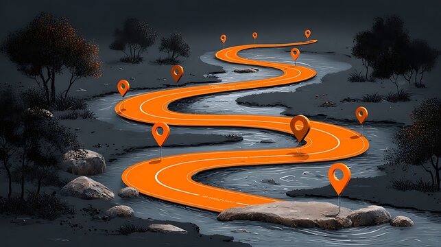 Orange kite shaped like a fish flying over rocky terrain with trees