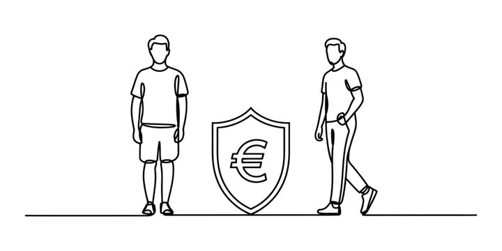 Two men standing next to a protective shield with a euro currency symbol drawn in a continuous single line art style Vector, illustration