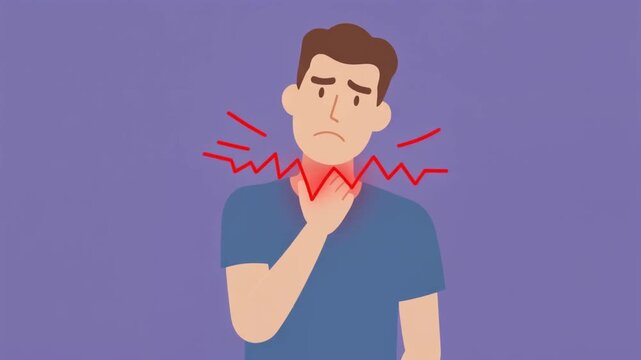 Man suffering from severe throat pain touching his inflamed neck in this animated medical educational health care video footage