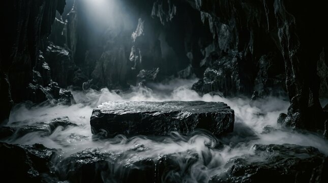 Rugged dark stone platform inside mysterious cavern filled with thick flowing white morning mist