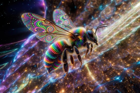 Ape psichedelica multicolore in volo in un universo frattale cosmico
