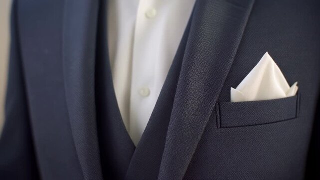 Crisp white pocket square folded sharply inside a tailored suit pocket, highlighting classic men's fashion elegance.