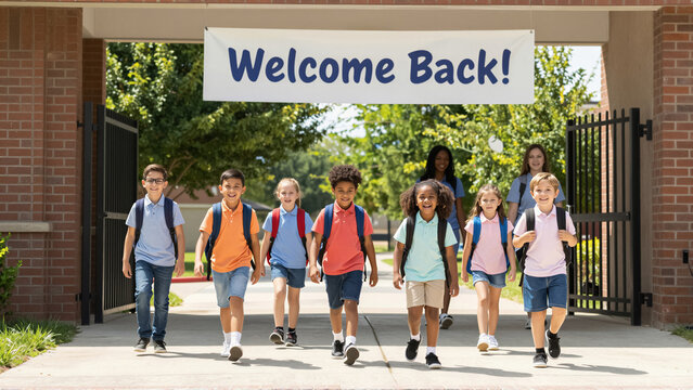 Diverse students walk into school under a welcome back banner. Happy children with backpacks arrive for the first day of class. Education and elementary learning concept