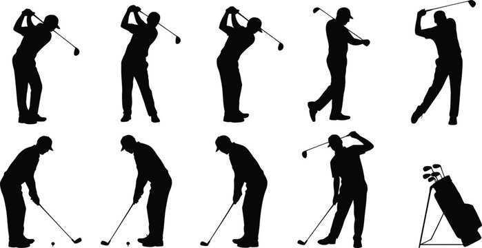 Golf, golfing, golf player, silhouettes, vector icons, black, white background, golfing poses, golf swings, golfer