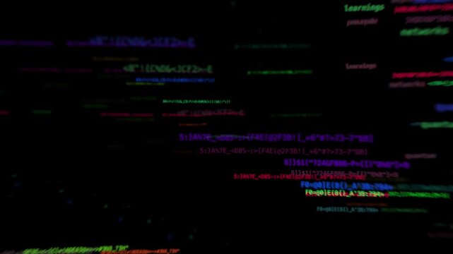 Digital cybersecurity hacking code algorithm floating inside dark network terminal. Malicious data encryption breach information processing across virtual intelligence system loop animation.