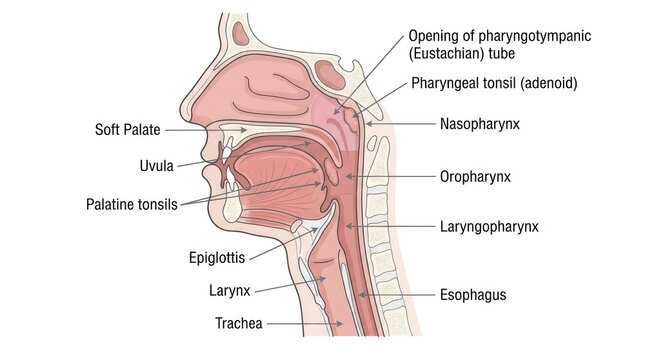Labeled anatomy of human throat showcasing pharynx and tonsils within sagittal view diagram.
