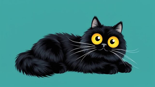 Fluffy black cat with wide yellow eyes resting in this smooth digital animation motion video clip for creative projects