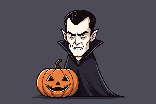 Count dracula character standing beside a carved halloween pumpkin with a dark background for spooky holiday season.