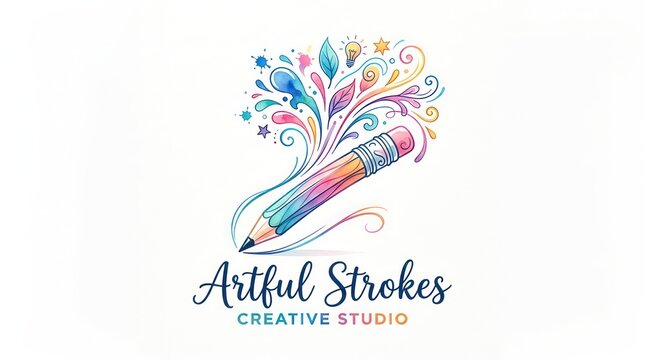 Artful strokes creative studio logo with pencil and watercolor splash elements on white.