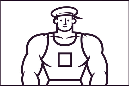 Line illustration of a very muscular man or sailor in a tank top and a cap, showcasing strength, fitness, and masculinity.