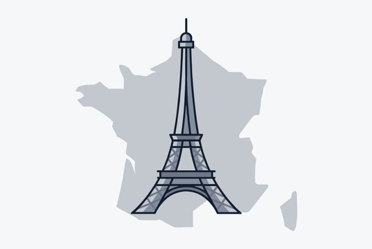 Eiffel tower structure standing in front of a light blue outline map of France, illustrating travel, culture, and Paris.