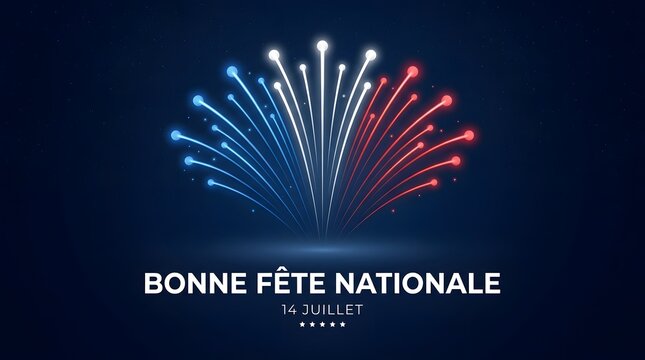 Bonne Fete Nationale 14 Juillet banner template with minimalist blue white red tricolor fireworks lines on dark background for France National Day