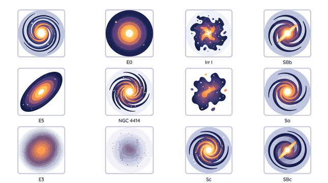 Clean Illustrations of Various Galaxy Types with Distinctive Shapes and Colors for Educational or Scientific Use