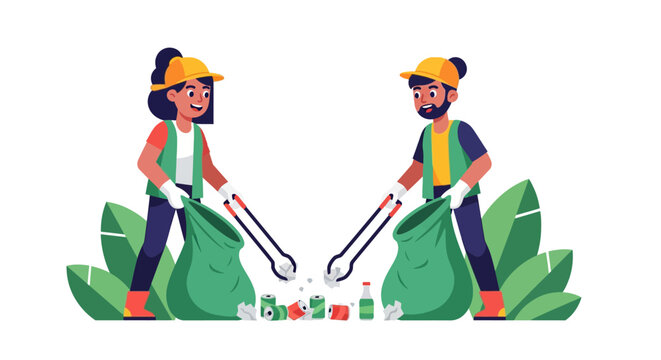 Two cartoon people, a man and a woman, wearing safety gear and using trash pickers to collect litter into green bags, promoting environmental cleanup.
