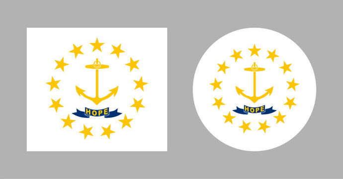 Rhode Island flag circular, square sticker. Rhode Island State flag circle, rectangle button, icon. Set of Flag of Rhode Island round, rectangular banner, background.