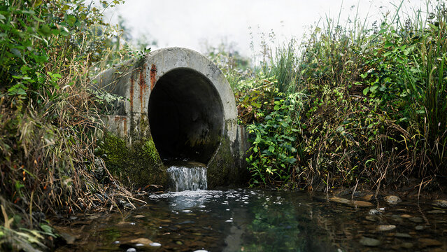 Concrete drainage pipe discharging flowing water into a shallow rocky stream surrounded by overgrown green vegetation and moss