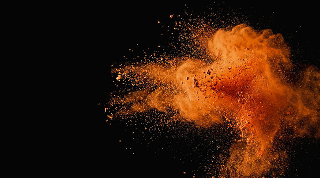 Explos?o de p? laranja e part?culas em c?mera lenta contra fundo preto isolado