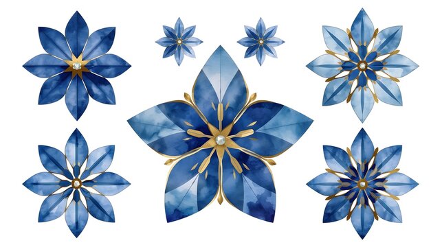 Watercolor Blue and Gold Ornamental Flowers Set Isolated on White Background