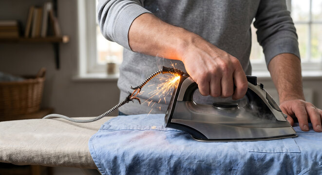 Close up on person ironing shirt with sparking damaged electrical cord causing danger.