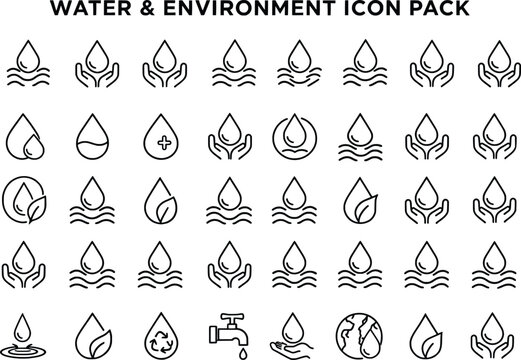 Water and environment icons pack with droplets and leaves on white background