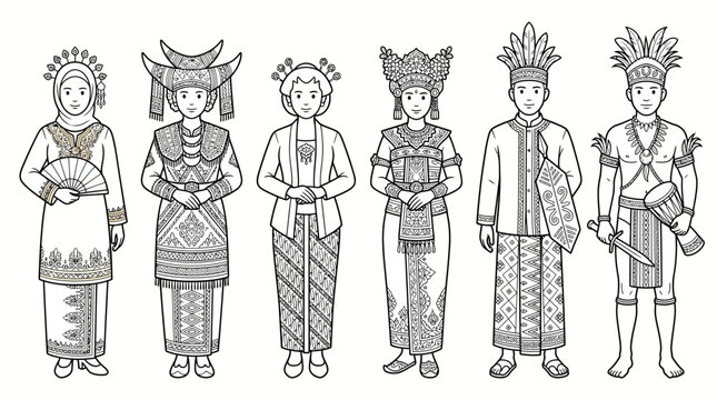 Diverse people wearing traditional indonesian regional costumes