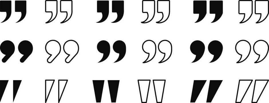 Quotation or Quote Mark Icon Set. Double Speech Symbols in Solid and Outline Styles for Testimonial UI, Review Blocks, Book Publishing Typography, and Interview Layouts
