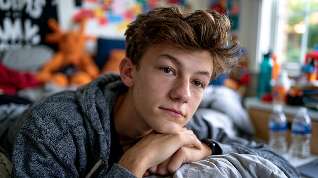 Solitary teenager stares at ceiling from unmade bed at 11am on first back-to-school week morning, phone notifications unanswered, dark under-eye circles visible, empty water bottles beside nightstan