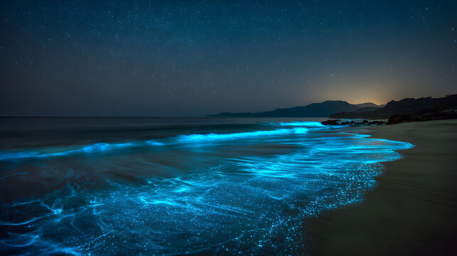 Bioluminescent ocean waves glowing blue on a sandy beach at night under starry sky