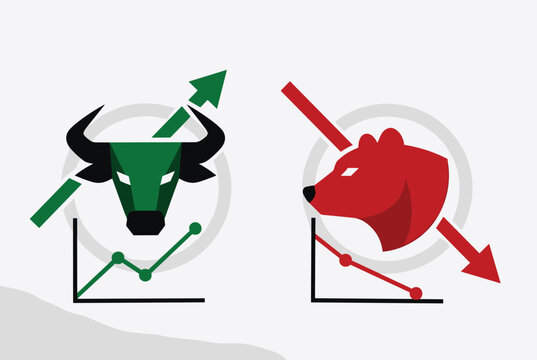 Bull and bear icons representing financial stock market trends with upward green and downward red arrow charts.