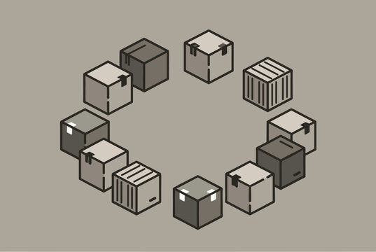 Delivery cardboard boxes and shipping containers arranged in a circle forming a loading progress indicator concept.