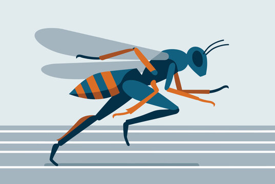 Athletic wasp character mimicking a runner on a track field with striped abdomen and transparent wings.