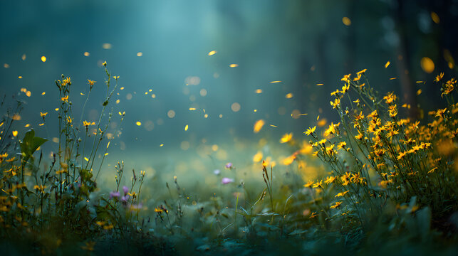 Dreamy summer meadow filled with yellow wildflowers and glowing fireflies at twilight