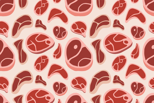 Seamless food pattern displaying diverse raw red meat cuts including steaks and chops on a light background.