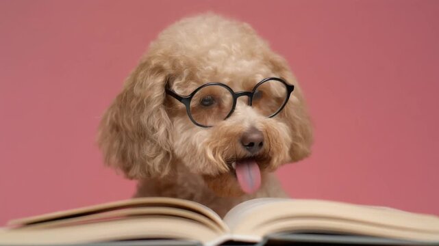 Intelligent poodle dog wearing round black glasses while looking at an open book in this cute animated video motion clip