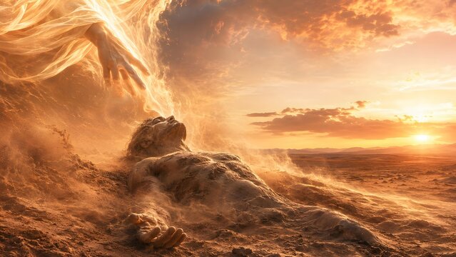 Divine hand reaching down to touch a man formed from dust in a desert landscape. Biblical creation of life concept. Religious scene representing spiritual awakening and existence.