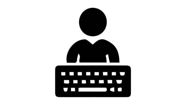 Black silhouette icon of a person typing on a keyboard, computer user symbol, office worker, business concept