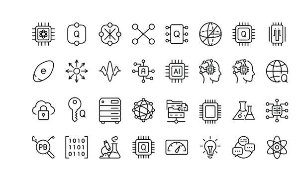 Linear Quantum Computing Vector Icons with Quantum Networks AI and Scientific Research Collection