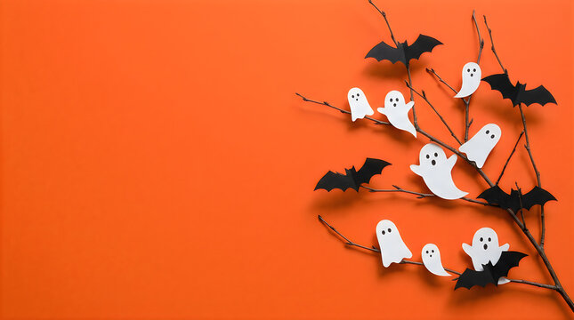 Halloween decorations, ghost and bat ornaments, spooky tree branch, orange background isolated on White Background helloween