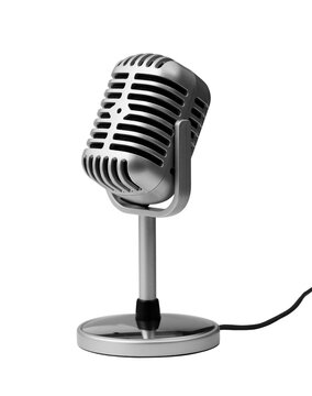 Silver Vintage Desktop Microphone on Stand Isolated PNG on Transparent Background, Retro Broadcast Microphone