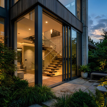 Modern residential exterior at twilight with glowing interior and landscaped garden path, blue hour