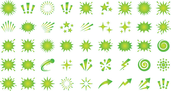 Comic Book Green Impact Bursts and Explosion Speech Bubbles Vector Icon Set Isolated on White Background