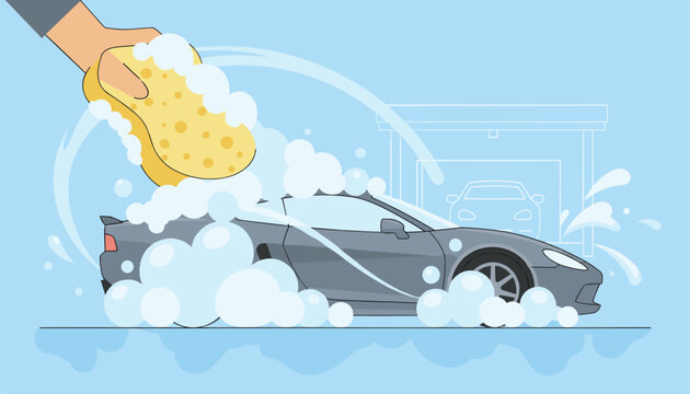 Cleaning a sports car using sponge and soapy foam