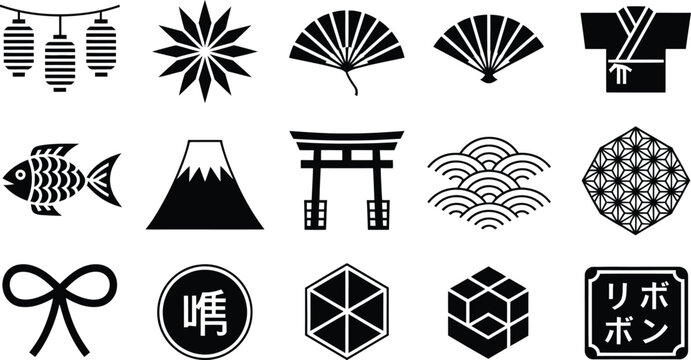 Japanese symbols illustration, monochrome cultural icons including torii gate, lanterns, koi fish, wave patterns, and ornamental motifs for decoration, vector, designs.