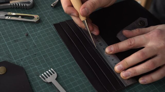 Artisan craftsman marking black leather with awl and ruler in workshop creating handmade goods for small business