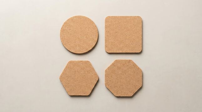 Four different shaped cork coasters arranged in a square pattern on a light beige background surface