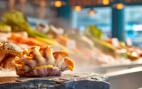 Dramatic Display of Geoduck and Giant Clam at Seafood Market Counter