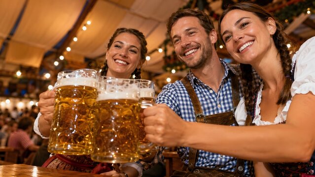Oktoberfest celebration where one man and two woman in traditional costume toast with big beer mug. Friends cheering in tent, drinking lager to celebrate holiday and festival culture.
