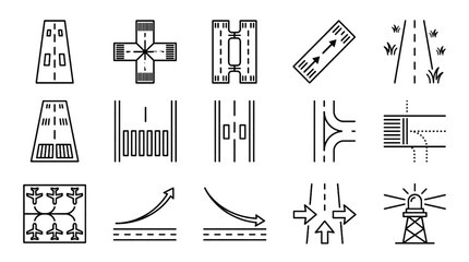 Airport Runway and Airstrip Vector Icon Set Featuring Landing Strip Symbols Takeoff Paths Control Tower Graphics and Aviation Navigation Design © B